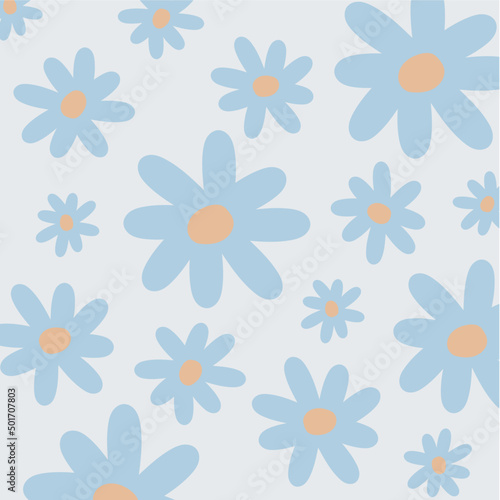 Hand-drawn light blue flowers of different sizes. Repeating seamless pattern of daisies or chamomile for textiles  gift wrap  background  packaging paper  fabric  wall art design. Pretty floral patter