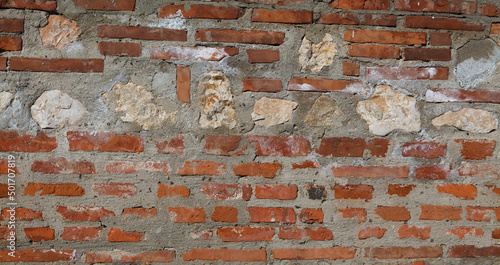 Wall texture with red bricks in high detail. Daylight photo