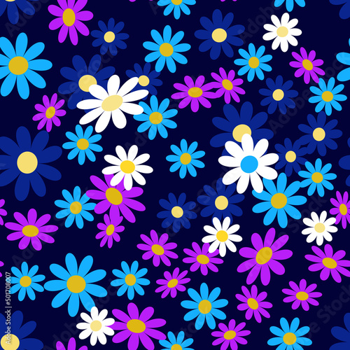 Cute abstract seamless pattern with small blue,white,purple chamomile flowers on black background.