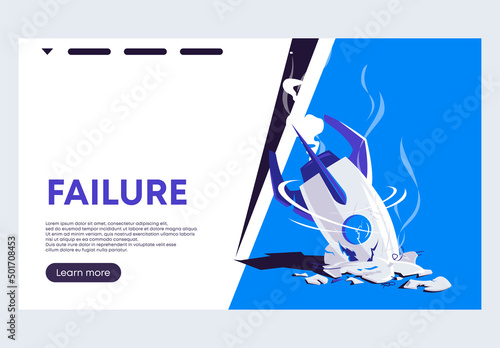vector illustration of a banner template for the website of the failure concept, a crashed rocket with debris