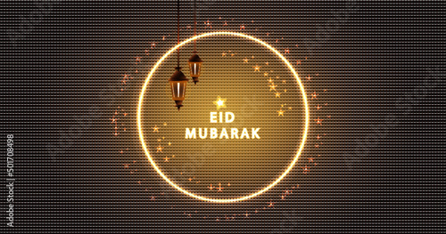 Eid mubarak card and Social media post ( facebook, linked in, twitter, ) wallpaper, or background with glowing text, stars, gold neon ring, and lights
