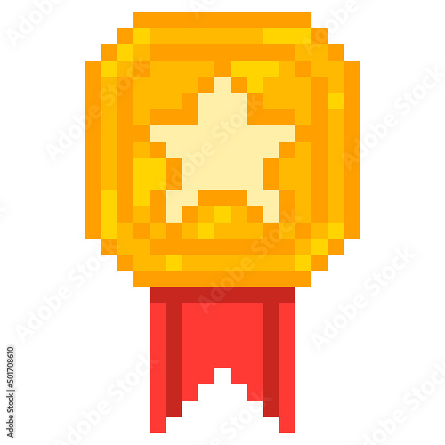 Pixel golden medal with star icon. 8bit game style