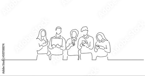 Young friends using technology in line art animation. Footage of a group of people having fun. Black linear video on white background. Animated gif illustration design.