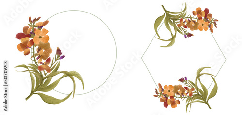 set of Watercolor floral frame invitation card design. Set of floral wedding logos and monogram with elegant green leaves golden geometric triangular frame for invitation save the date card design.