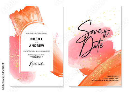 Watercolor background pink orange design minimalist template border frame, thank you card, wedding invitation, save the date design, birthday graphics, wedding ceremony greeting in vector
