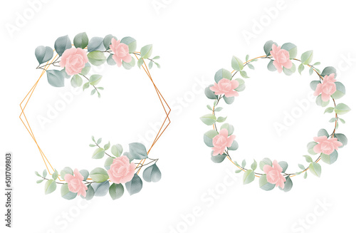 set of Watercolor floral frame invitation card design. Set of floral wedding logos and monogram with elegant green leaves golden geometric triangular frame for invitation save the date card design.