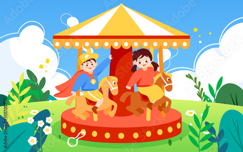 Children day kids sit on a carousel at the playground with plants and clouds in the background, vector illustration