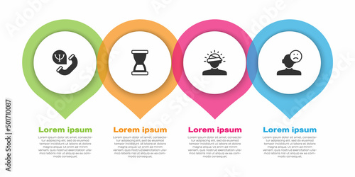 Set Online psychological counseling, Old hourglass, Concussion, headache and Sad and depressed man, bad mood. Business infographic template. Vector