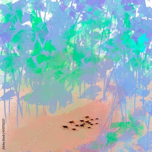 Soft colors forest  abstract background with ants family.