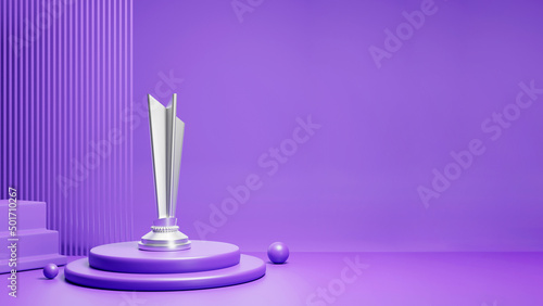 3D Silver Trophy Cup With Balls On Purple Podium Background And Copy Space. photo