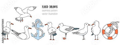Hand drawn summer seaside horizontal seamless pattern. Sketch gull, seabird, flying seagull, anchor. Marine print in cartoon style. Doodle vector illustration. Sea, ocean, beach, sail. Border design
