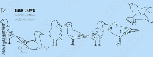 Hand drawn summer seaside horizontal seamless pattern. Sketch gull, seabird, flying seagull, anchor. Marine print in cartoon style. Doodle vector illustration. Sea, ocean, beach, sail. Border design
