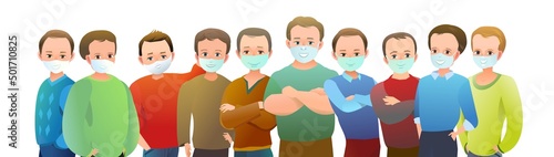 Handsome little boys in mask. Cheerful middle aged teens. Cheerful person. Standing pose. Cartoon comic flat design. Single character. Illustration isolated on white background. Vector