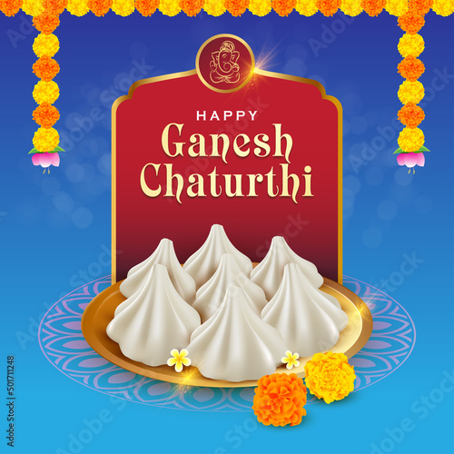 Sweet dessert Modak in plate - Happy Ganesh Chaturthi illustration with festival elements
