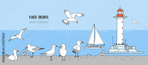 Hand drawn summer seaside background. Sketch gull pattern, seabird, flying seagull , lighthouse, anchor, yacht, boat. Marine print in cartoon style. Doodle vector illustration. Sea, ocean, beach, sail