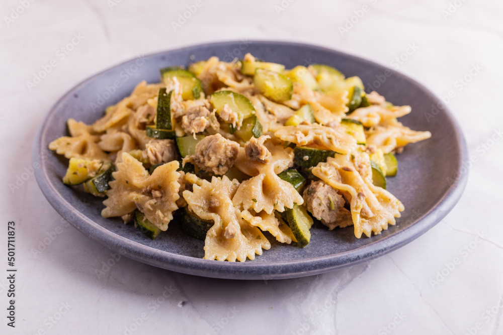 Pasta with tuna fish and zucchini. A typical italian dish ideal fot a qick lunch. Pasta with tuna fish and zucchini. A typical italian dish ideal fot a qick lunch.