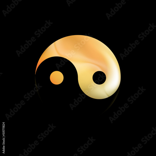 Yin and yang shaped Golden art icon, isolated on black. Vector.