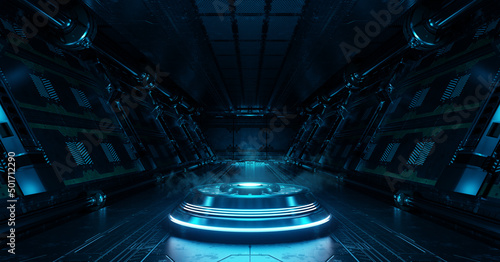 Fototapeta Naklejka Na Ścianę i Meble -  Blue spaceship interior with projector. Futuristic corridor in space station with glowing neon lights background. 3d rendering