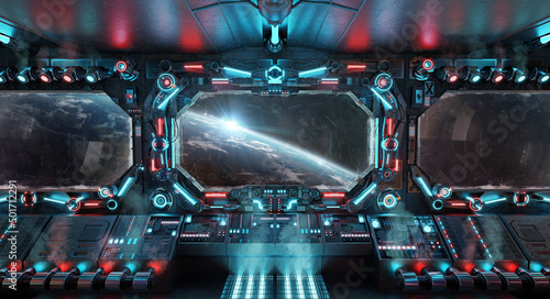 Fototapeta Naklejka Na Ścianę i Meble -  Dark spaceship interior with glowing blue and red lights. Futuristic spacecraft with large window view on planet Earth. 3D rendering