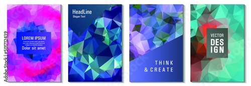 Low poly background pattern business brochure covers vector graphic design set. Diamond texture low poly patterns. Gradient triangle polygons facet geometric abstract backgrounds in teal blue pink