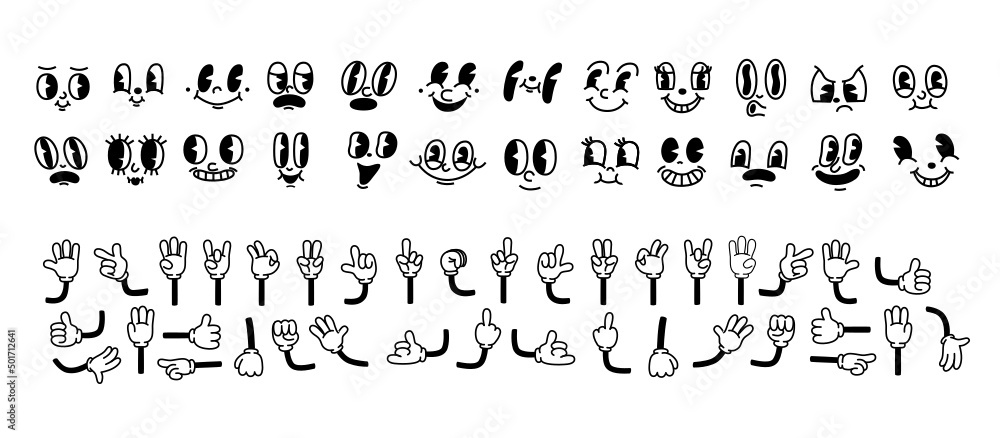 Vintage cartoon hands in gloves and feet in shoes. Cute animation character body parts. Comics arm gestures and walking leg poses vector set. Different foot movements and positions - obrazy, fototapety, plakaty 