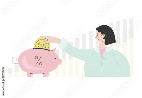 Woman saving money, putting money, getting profit, passive income. Finance planning, retirement fund, budget concept. Cartoon style vector illsutration.