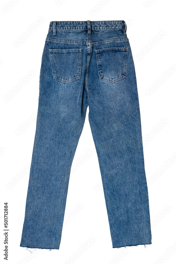 Jeans isolated. Trendy stylish blue denim pants or trousers isolated on a white background. Summer and autumn fashion. Back view. Jeans isolated. Trendy stylish blue denim pants or trousers isolated on a white background. Summer and autumn fashion. Back view.