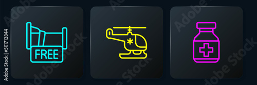 Set line Free overnight stay house, Medicine bottle and pills and Rescue helicopter. Black square button. Vector