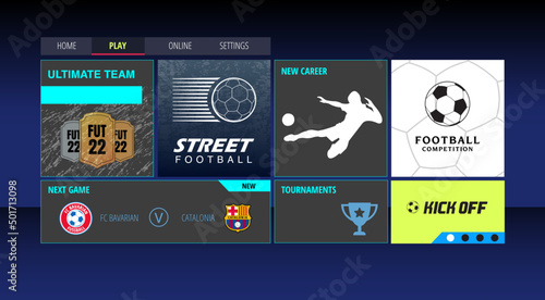 Graphic Template for menu in sport bet website, football application or soccer video game. Layout for presentation screen with seperated groups. Tournament layers, competition and abstract elements