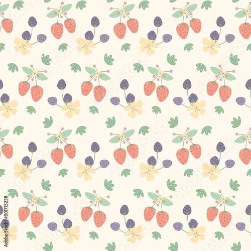 Fototapeta Naklejka Na Ścianę i Meble -  Berry pattern. pattern with hand drawn strawberries and blackberries. Kitchen textiles.
