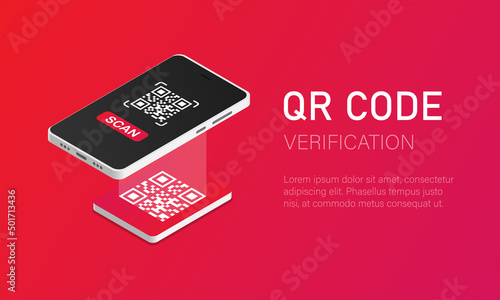 Qr verification. A mobile phone with a scanner reads the qr code in isometric style. Vector illustration EPS 10