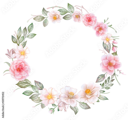 Floral round wreath  ring  frame with white and pink roses  camellia isolated on white background. Watercolor