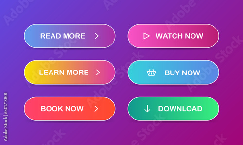 Read more, Learn more, Book now, Watch now, Buy now, Download. Set of modern multicolored buttons with gradient for web sites and social pages. Vector EPS 10