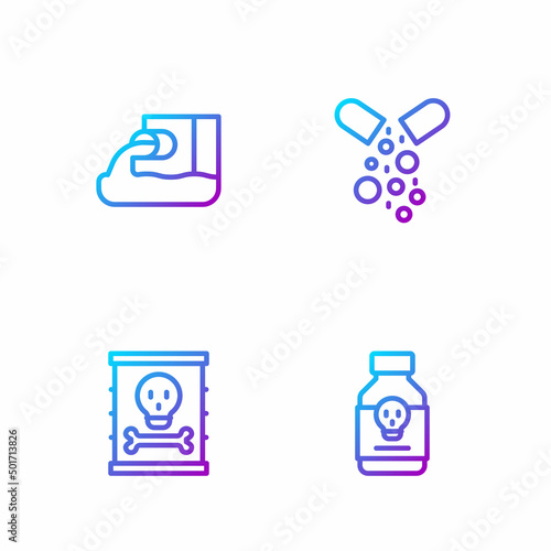 Set line Poisoned pill, Radioactive waste in barrel, Wastewater and . Gradient color icons. Vector