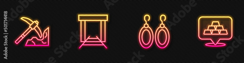 Set line Earrings, Gold mining, mine and bars. Glowing neon icon. Vector