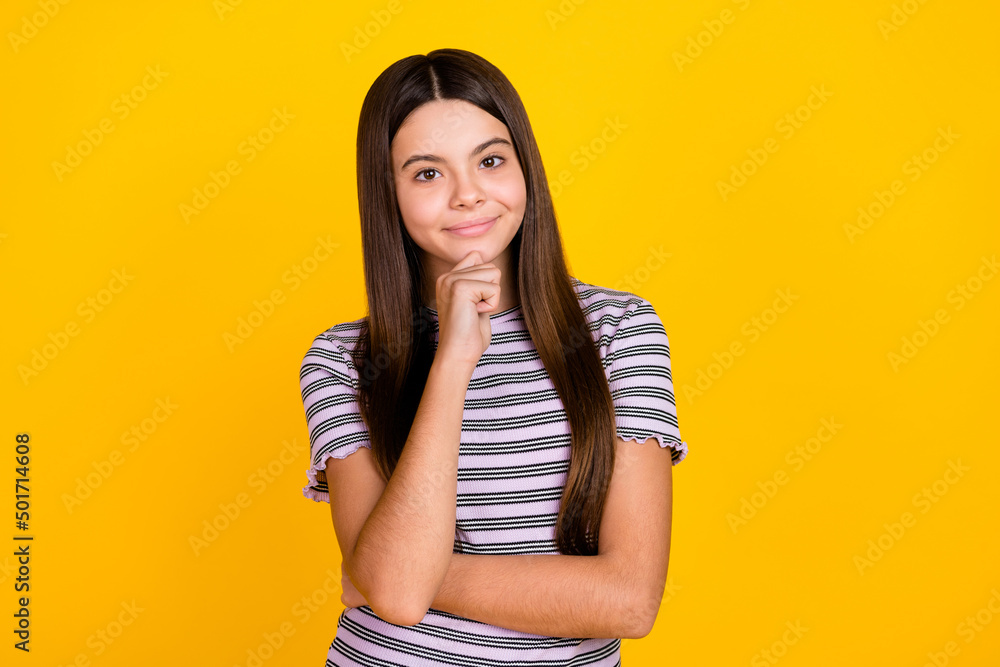 Portrait of attractive confident cheerful girl overthinking making decision isolated over bright blue color background Portrait of attractive confident cheerful girl overthinking making decision isolated over bright blue color background