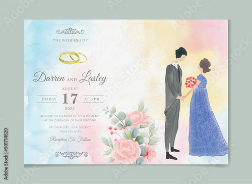 Bride and groom beautiful hand drawn watercolor wedding invitation set template Celebration, event, invitation, wedding dress, groom, romantic, pastel tones, wedding gate. Bridal flower bouquet, 