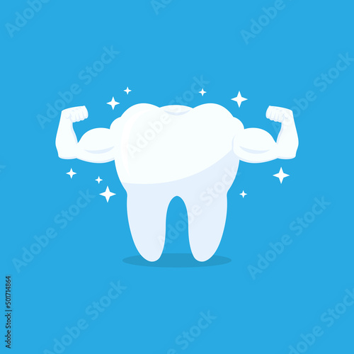 Strong Muscle Healthy Tooth vector icon. White tooth with biceps on blue background. Vector illustration EPS 10