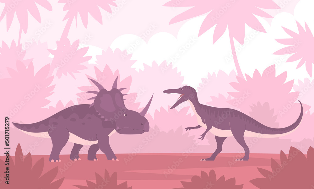Styracosaurus vs baryonyx. Lizard fight. Ceratops with dangerous horns. Ancient pangolin. Dinosaur of the Jurassic period. Vector cartoon illustration of prehistoric forest background