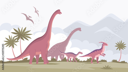 Big brachiosaurus with a long neck and parasaurolophus. Herbivorous dinosaur of the Jurassic period. Vector cartoon illustration. Prehistoric pangolin on a nature background. Wild landscape