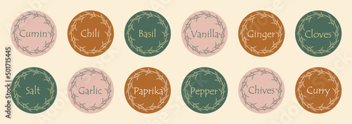 Collection of stickers or labels for jars of spices.  Food stickers for marking jars and containers. Organization of pantry space.