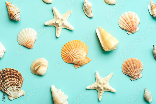 Summer holiday concept.Top view of creative pattern made of sea shells and starfish