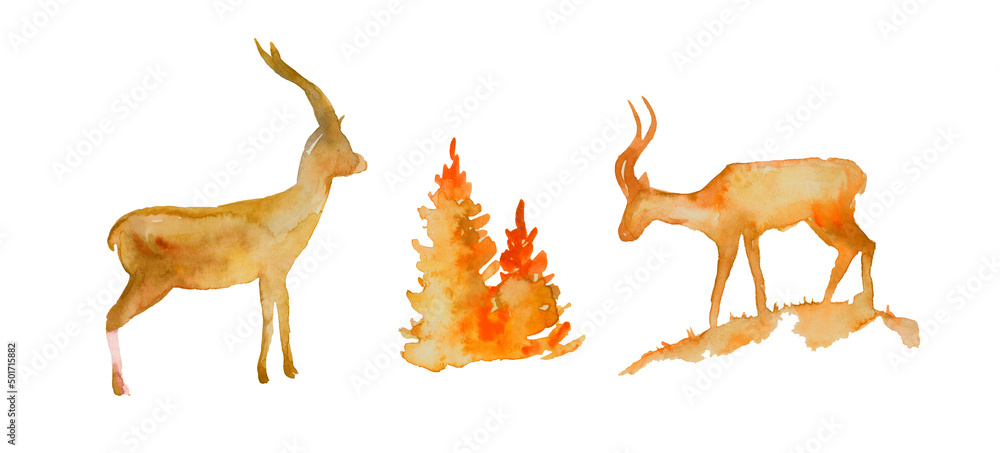 Deers watercolor set with tree isolated on white background Deers watercolor set with tree isolated on white background