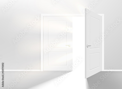 Fototapeta Naklejka Na Ścianę i Meble -  Illuminated white interior with opened door and shining. 3d vector illustration