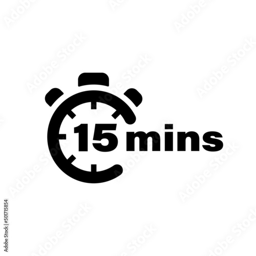 Fefteen minute vector icon. Time left symbol isolated. Stopwatch black sign. Vector EPS 10