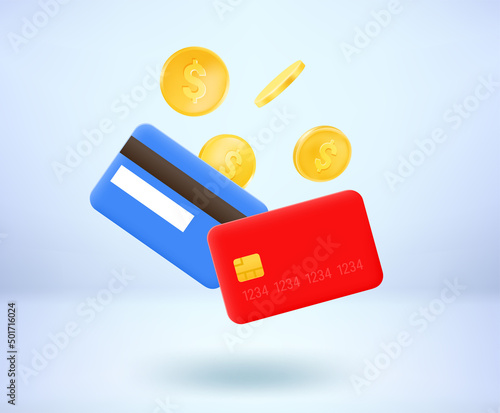 Business income concept with cards and coins. 3d vector illustration