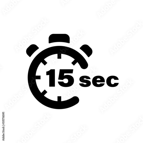 Fefteen second vector icon. Time left symbol isolated. Stopwatch black sign. Vector EPS 10