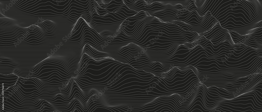 Abstract background with distorted line shapes on a black background. Monochrome sound line waves. Abstract background with distorted line shapes on a black background. Monochrome sound line waves.