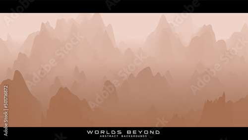 Abstract beige landscape with misty fog till horizon over mountain slopes. Gradient eroded terrain surface. Worlds beyond.