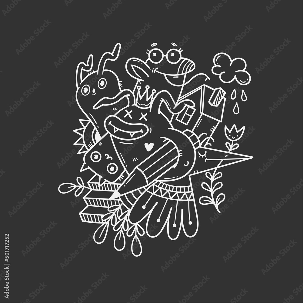 Coloring book antistress with funny creatures. Doodle print with fantasy characters. Line art poster. Coloring book antistress with funny creatures. Doodle print with fantasy characters. Line art poster.
